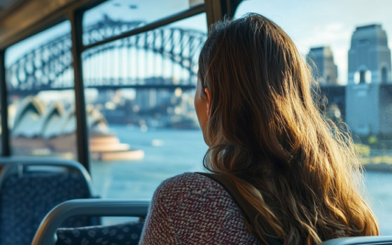 tourists looking at Sydney spots from through their bus window, Sydney coach hire, August 2024, Australia