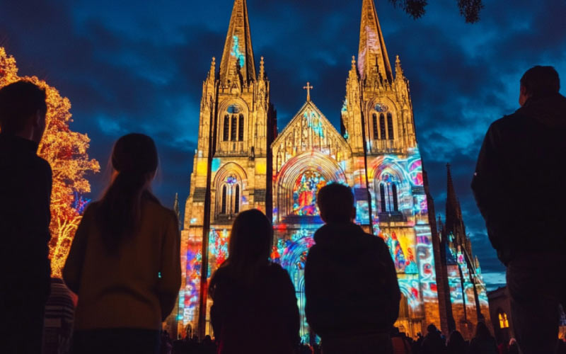 family celebrating Christmas at St. Mary’s Cathedral, family holiday, September 2024, Australia