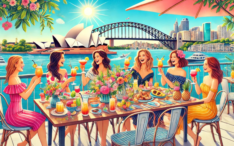 women lounging by the harbour together having drinks, Sydney trip, January 2025, Australia