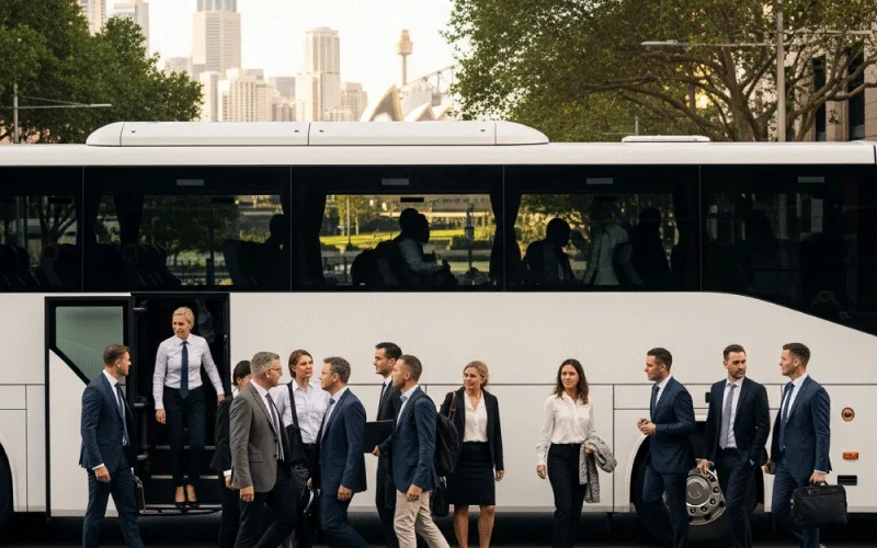 Sydney corporate team boarding a modern coach for a business event