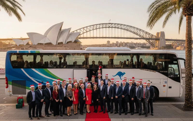 Corporate group boarding a Sydney Coach Company vehicle for a Christmas party