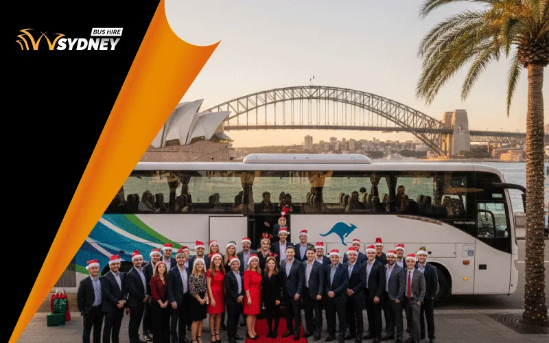Corporate group boarding a Sydney Coach Company vehicle for a Christmas party