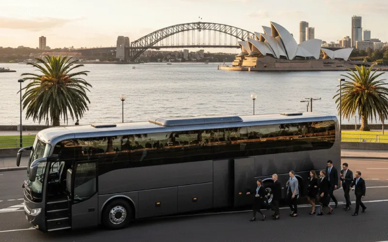 Sydney corporate team boarding an executive coach hire vehicle