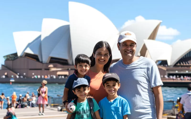 family posing at Sydney Opera House, Sydney holiday trip, September 2024, Australia