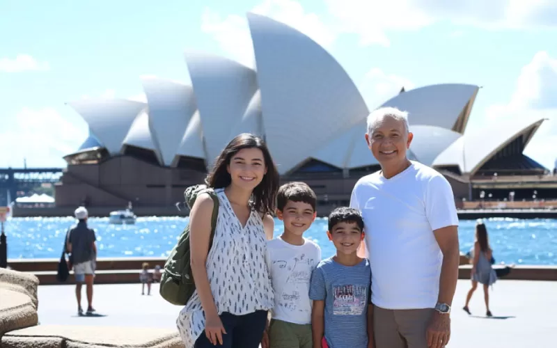 family posing at Sydney Opera House, family holiday, September 2024, Australia