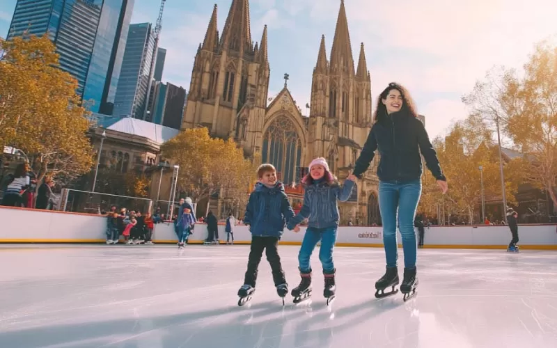 family skating at Cathedral Square, family holiday, September 2024, Australia