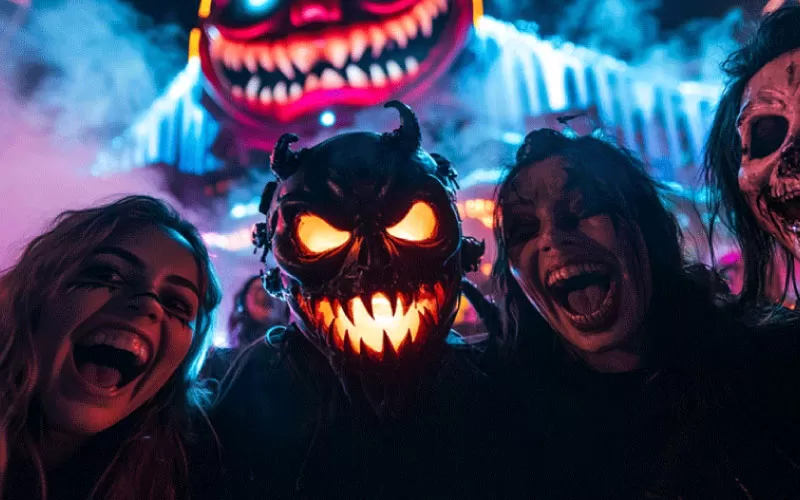 friends enjoying Halloscream, spooky Sydney attractions, October 2024, Australia