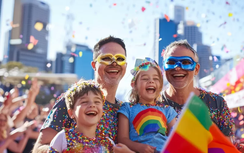 gay family celebrating at Sydney Gay and Lesbian Mardi Gras, gay families, August 2024, Australia