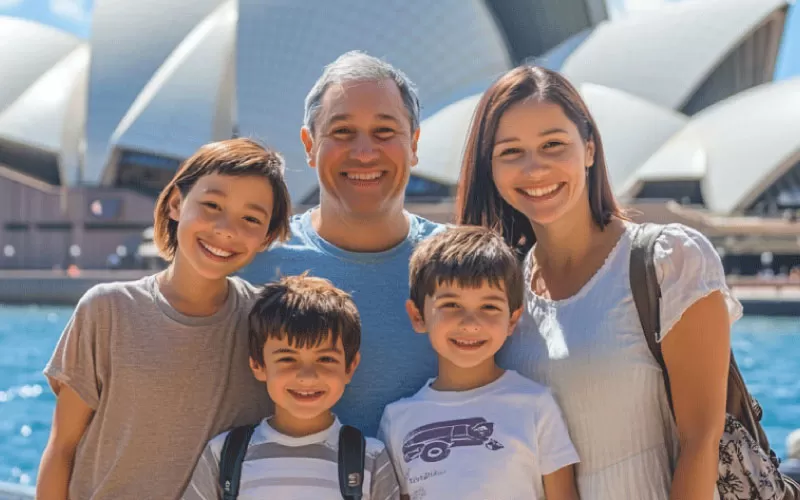 family posing at the Sydney Harbour Bridge, coach charter, October 2024, Australia