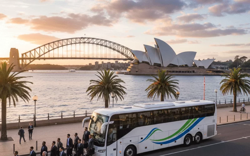 Corporate team boarding a Sydney Coach Company bus for a conference, corporate coach hire Sydney