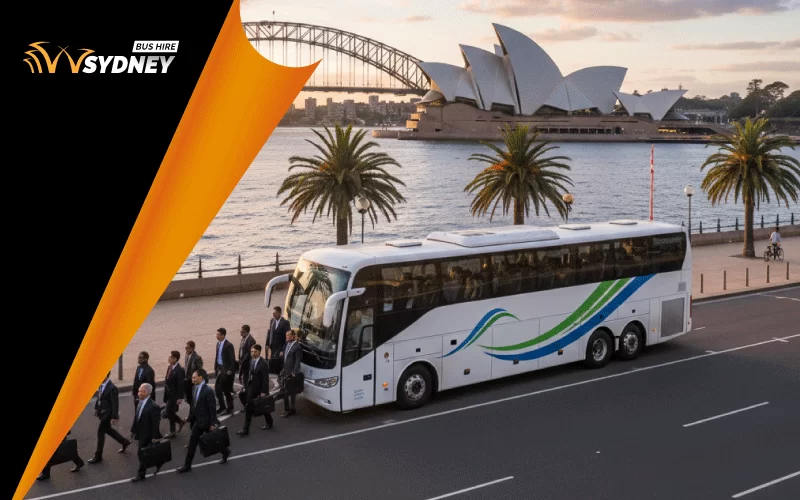 Corporate team boarding a Sydney Coach Company bus for a conference, corporate coach hire Sydney